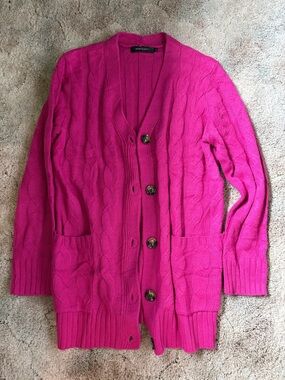 Cable Knit Button-Front Cardigan in Hot Pink